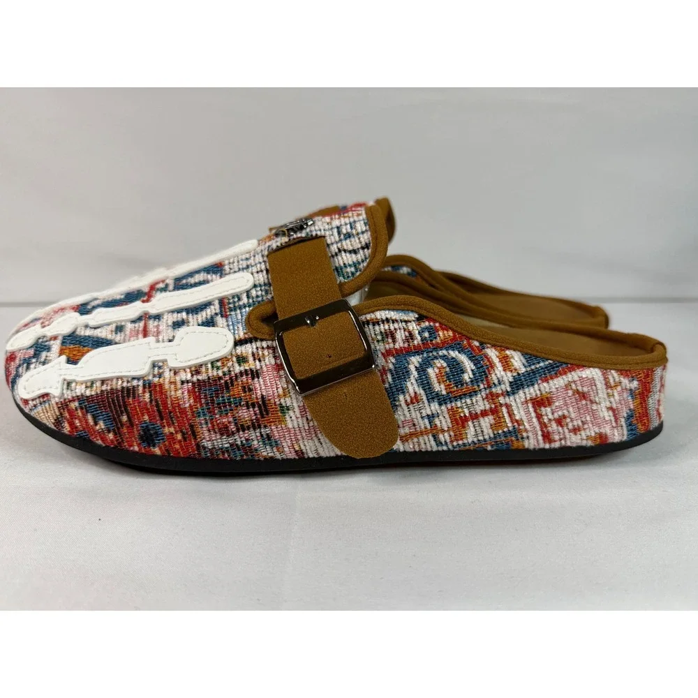 Skeleton Hand Tapestry Mules Clogs Multi-Color Woven Buckle Slip-On Shoes EU 43